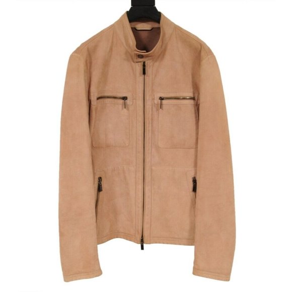 Canali Men Zip Up Biker Jacket Size 52 Large Light Brown Tan Suede Lambskin Coat